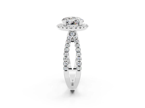Platinum Round Cut Moissanite Halo Ring with Split Shank Pavé Band and Prong Setting