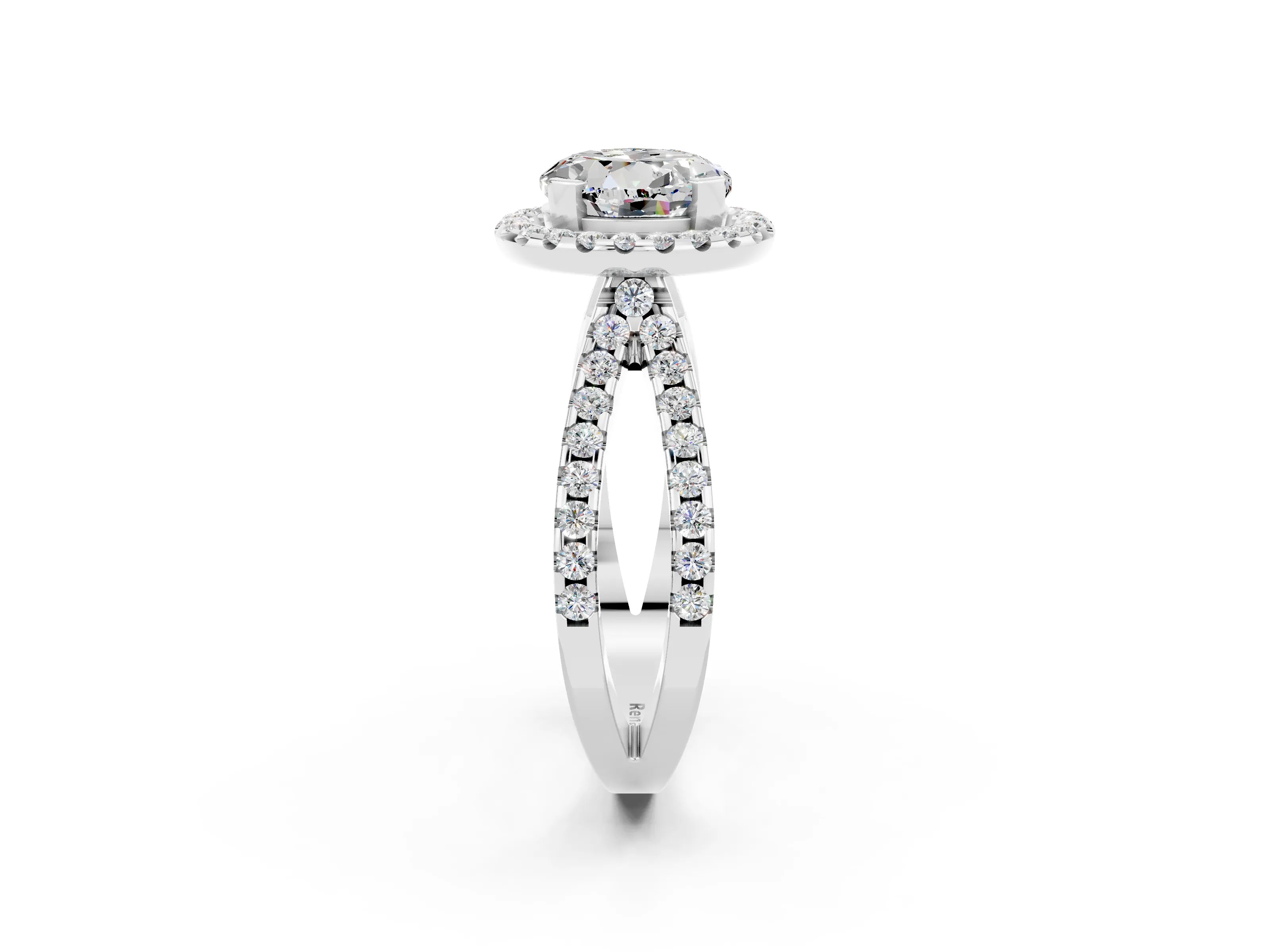 White gold Round Cut Moissanite Halo Ring with Split Shank Pavé Band and Prong Setting_2
