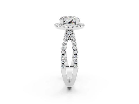 White gold Round Cut Moissanite Halo Ring with Split Shank Pavé Band and Prong Setting_2