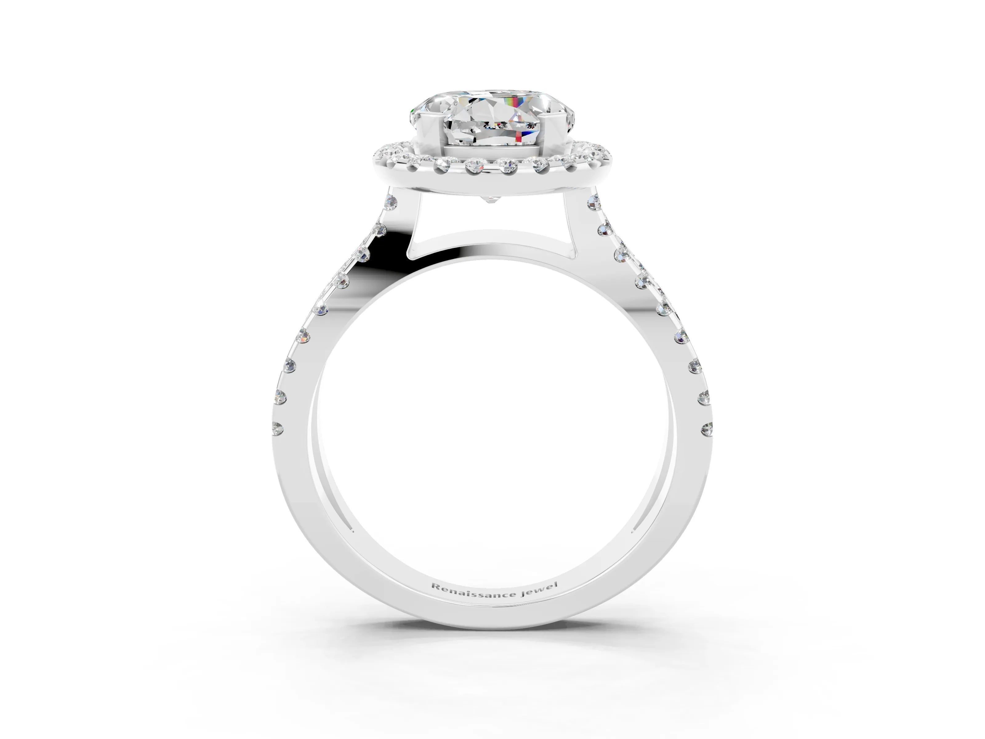 White gold Round Cut Moissanite Halo Ring with Split Shank Pavé Band and Prong Setting_3