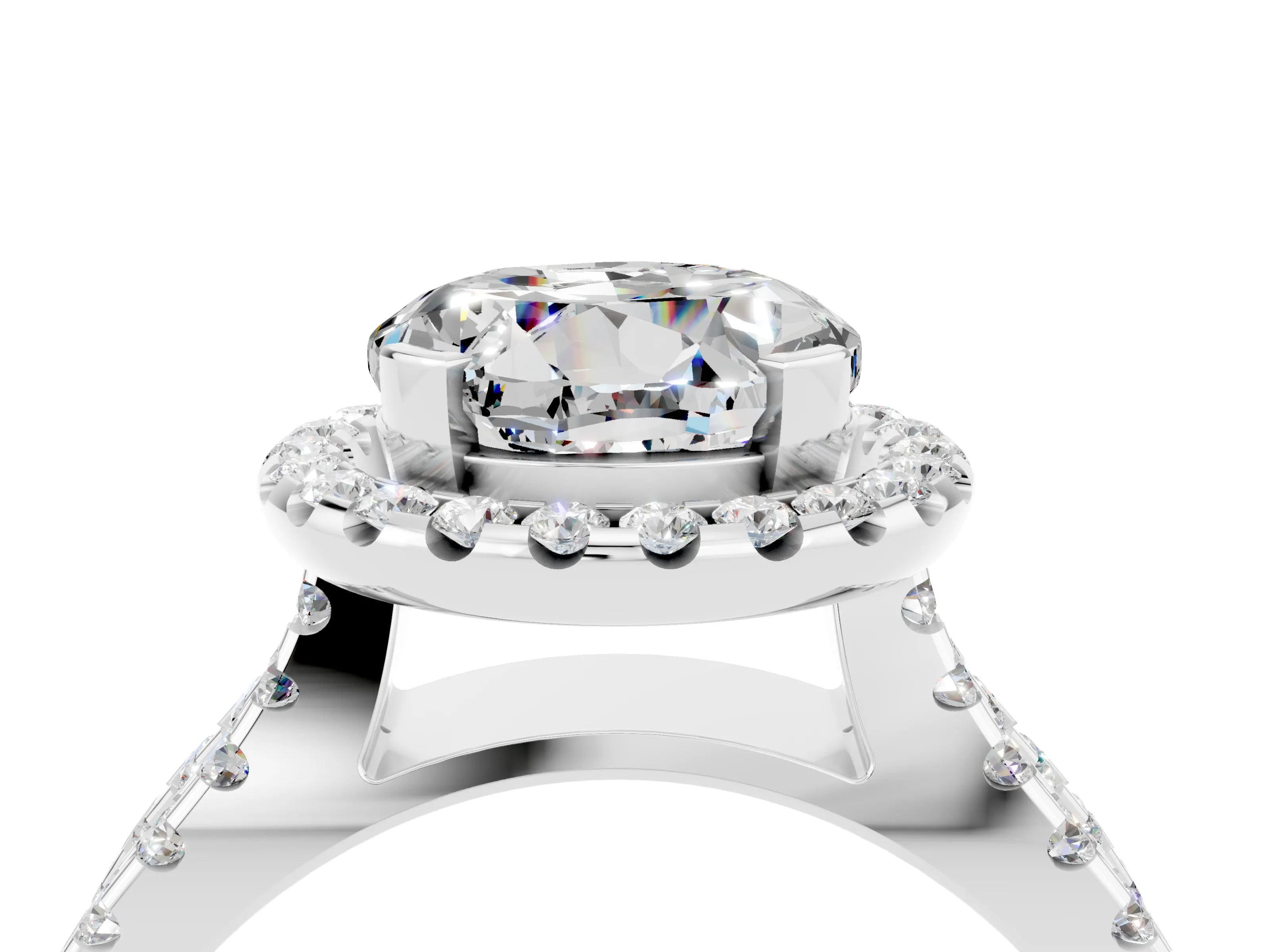 White gold Round Cut Moissanite Halo Ring with Split Shank Pavé Band and Prong Setting_4