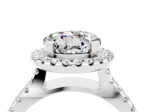 White gold Round Cut Moissanite Halo Ring with Split Shank Pavé Band and Prong Setting_4