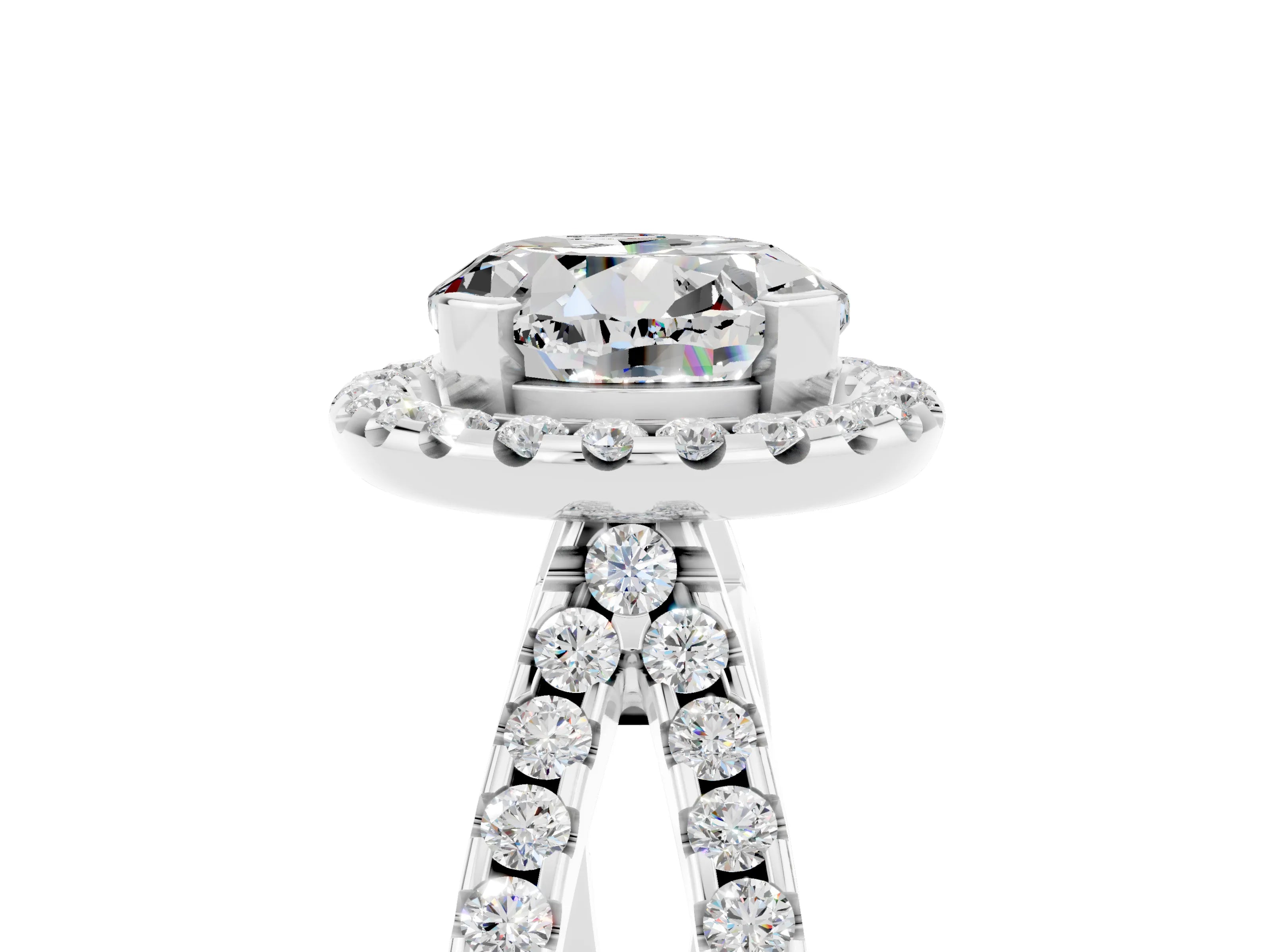 White gold Round Cut Moissanite Halo Ring with Split Shank Pavé Band and Prong Setting_5