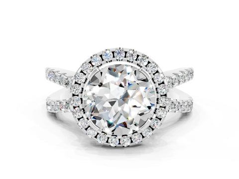 White gold Round Cut Moissanite Halo Ring with Split Shank Pavé Band and Prong Setting