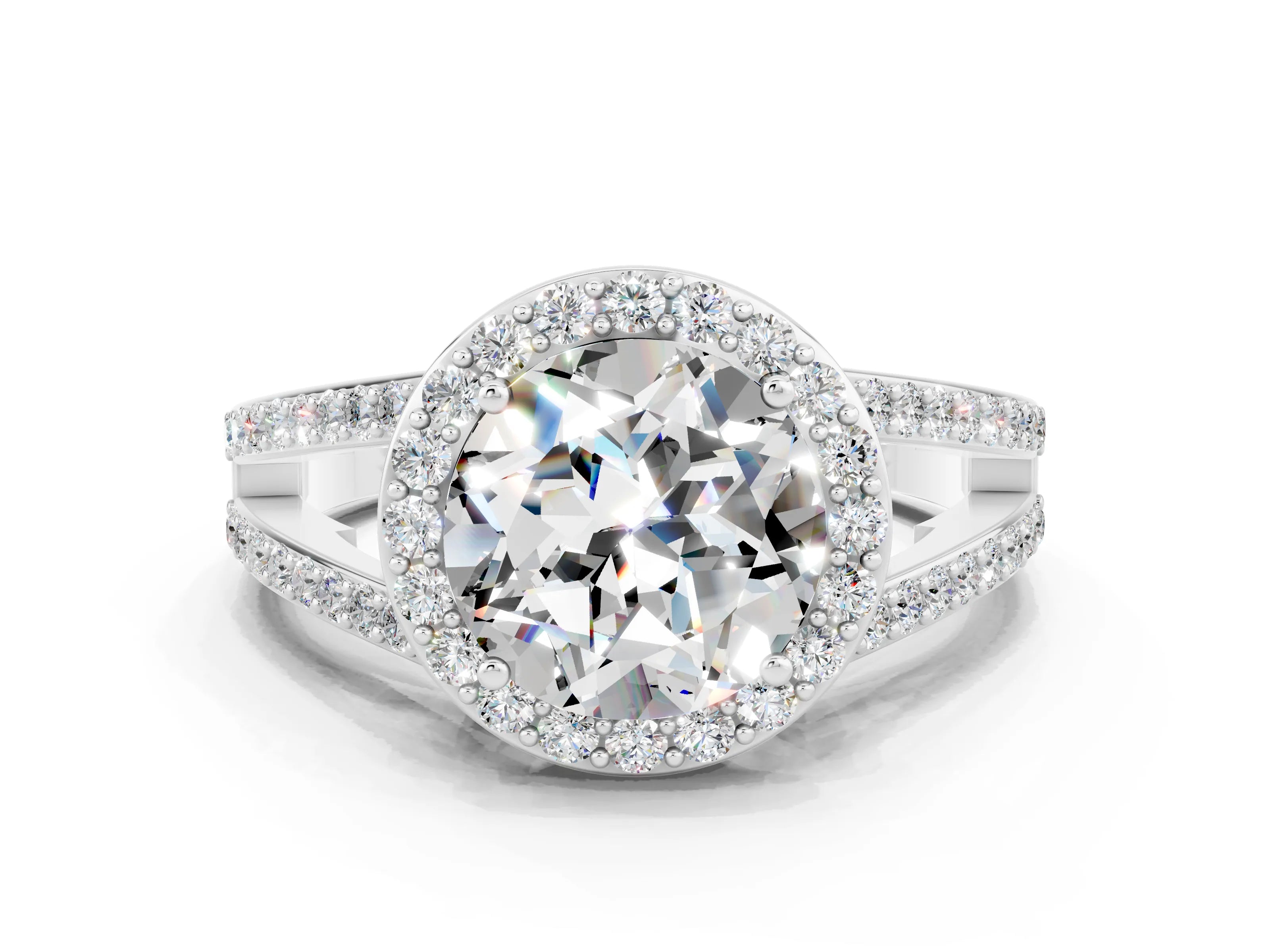 White gold Round Cut Moissanite Halo Ring with Split Shank U-Prong Band and Four-Prong Setting