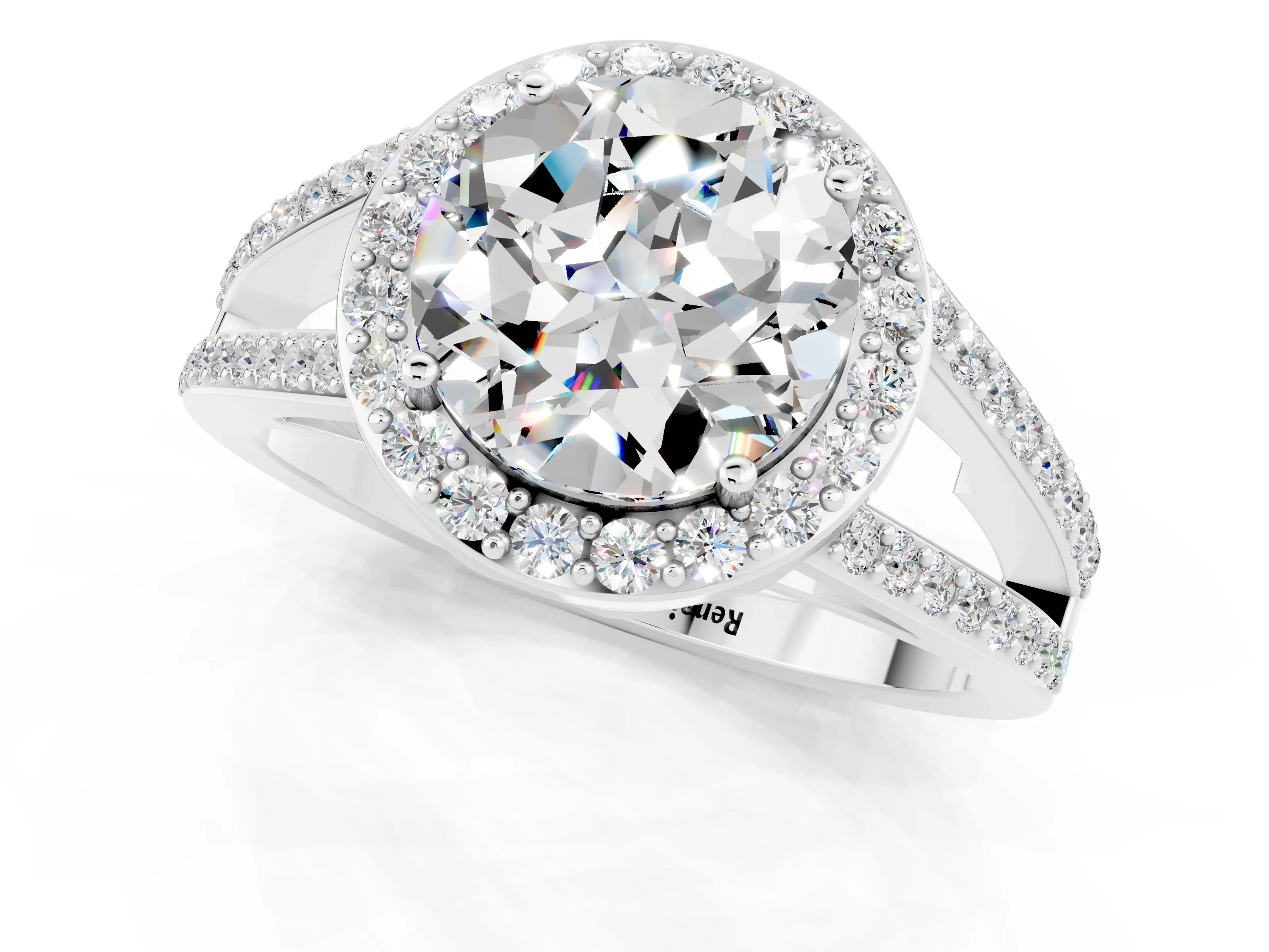 White gold Round Cut Moissanite Halo Ring with Split Shank U-Prong Band and Four-Prong Setting_1
