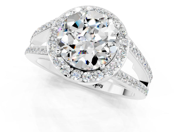 Silver Round Cut Moissanite Halo Ring with Split Shank U-Prong Band and Four-Prong Setting