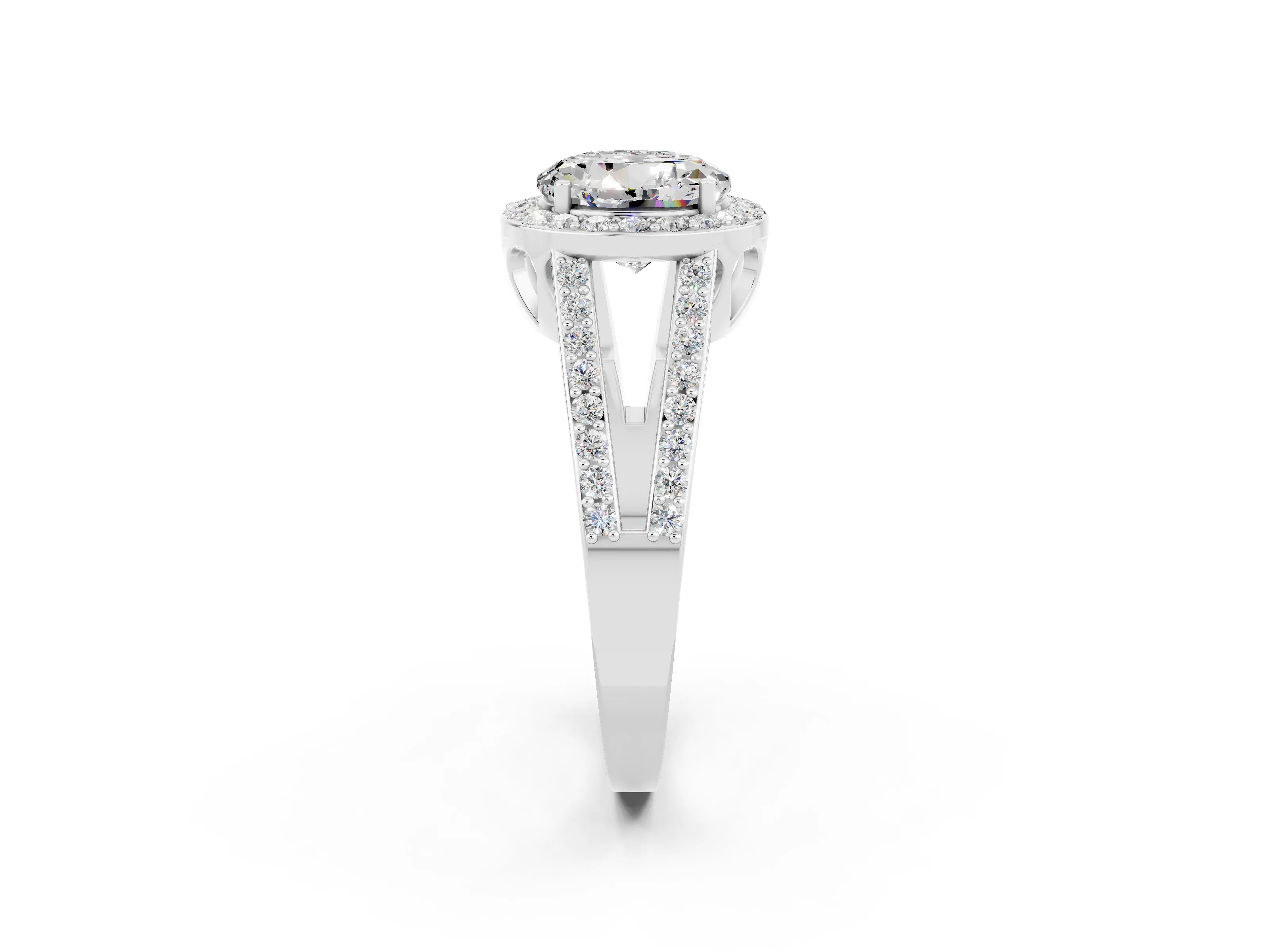 White gold Round Cut Moissanite Halo Ring with Split Shank U-Prong Band and Four-Prong Setting_2