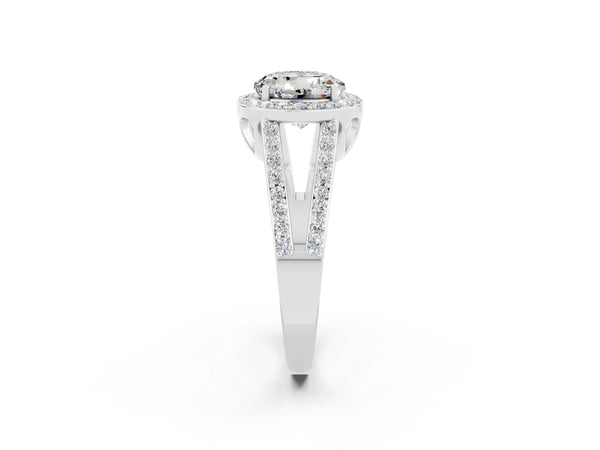 White gold Round Cut Moissanite Halo Ring with Split Shank U-Prong Band and Four-Prong Setting