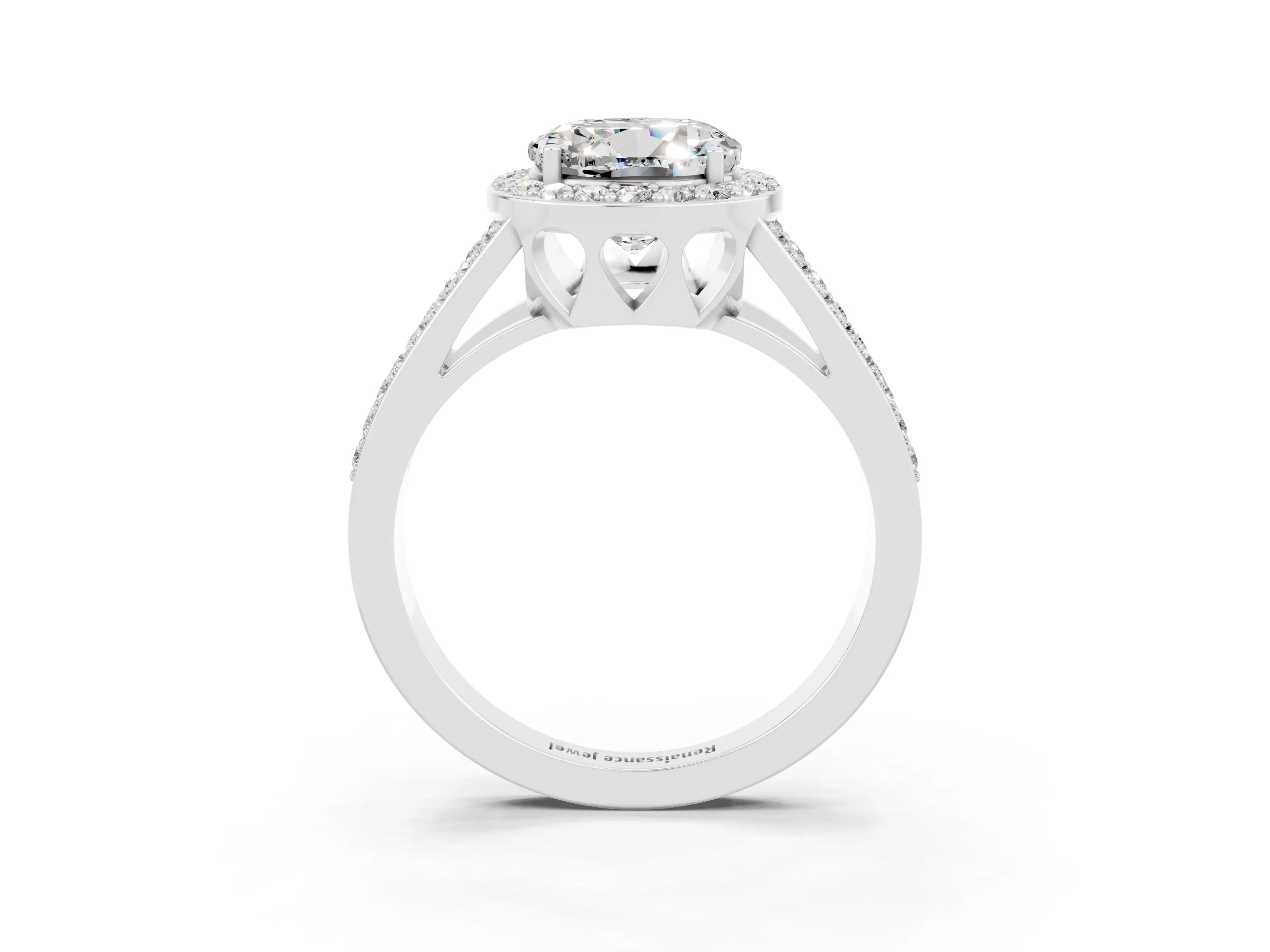 White gold Round Cut Moissanite Halo Ring with Split Shank U-Prong Band and Four-Prong Setting_3
