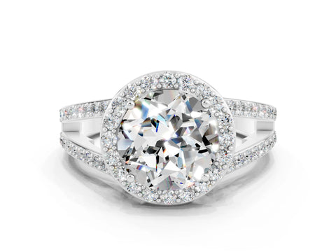 White gold Round Cut Moissanite Halo Ring with Split Shank U-Prong Band and Four-Prong Setting
