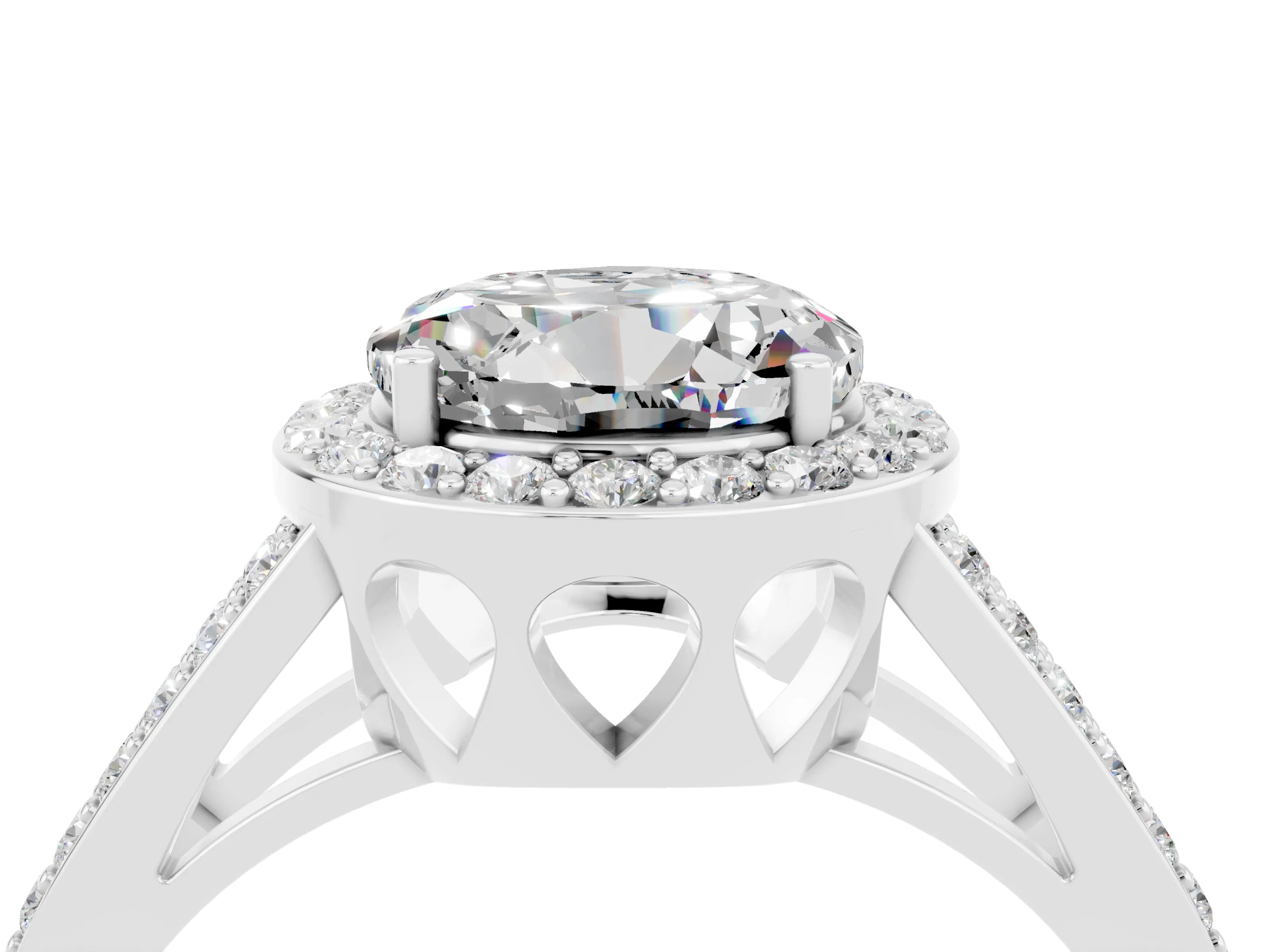 White gold Round Cut Moissanite Halo Ring with Split Shank U-Prong Band and Four-Prong Setting_4