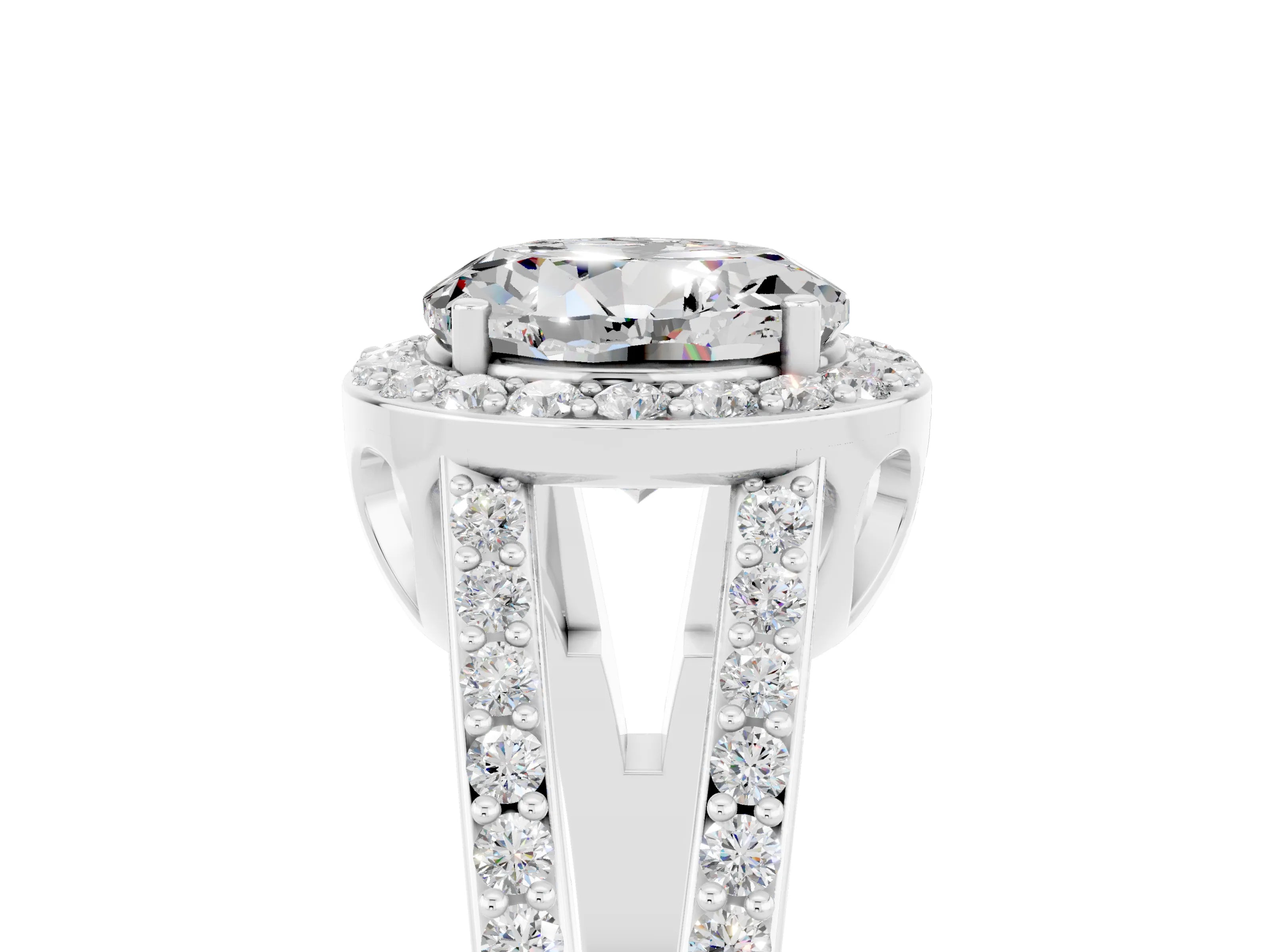 White gold Round Cut Moissanite Halo Ring with Split Shank U-Prong Band and Four-Prong Setting_5