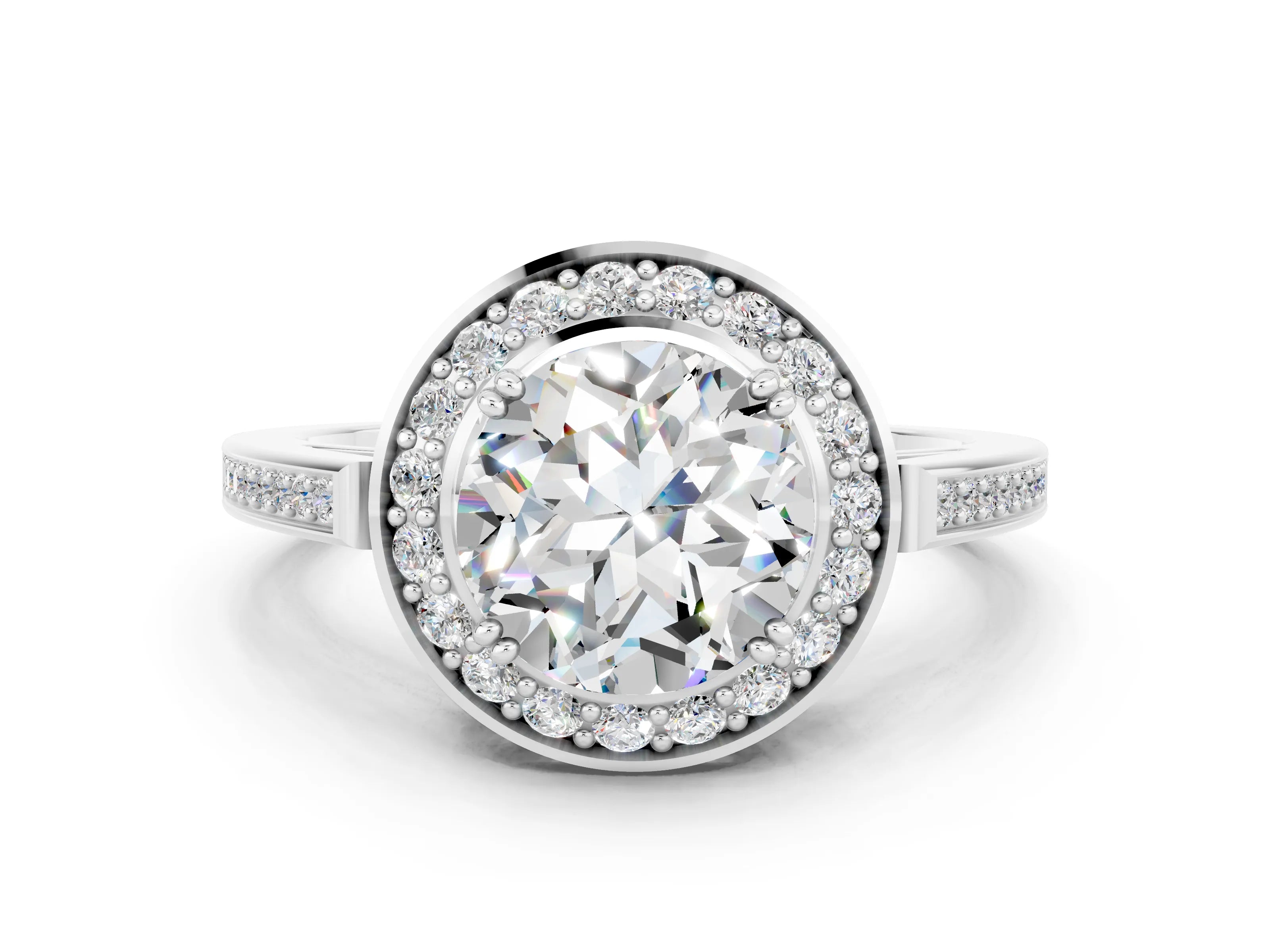 White gold Round Cut Moissanite Halo Ring with Split Shank and Four-Prong Setting