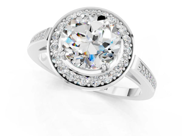 Platinum Round Cut Moissanite Halo Ring with Split Shank and Four-Prong Setting
