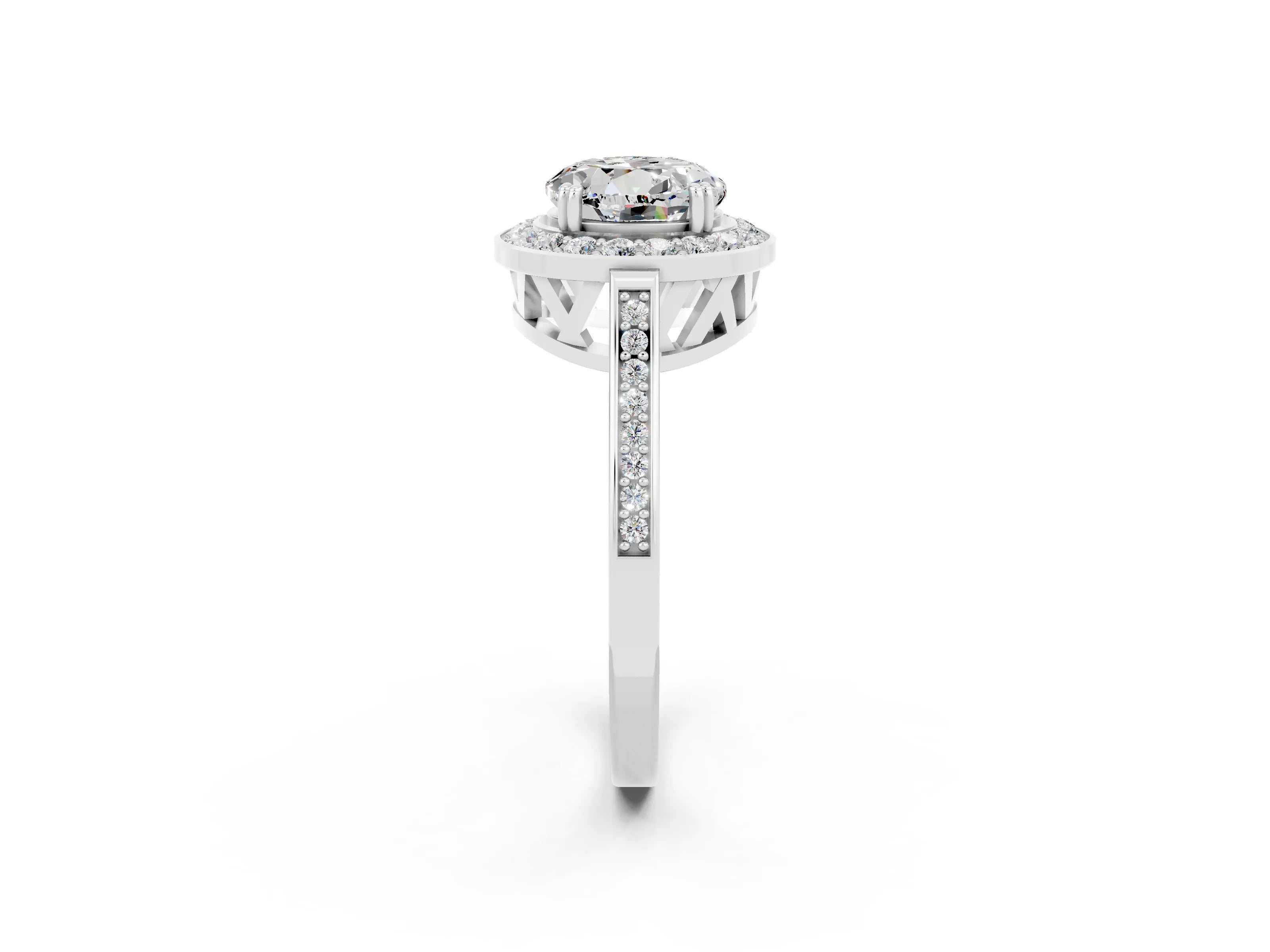 White gold Round Cut Moissanite Halo Ring with Split Shank and Four-Prong Setting_14