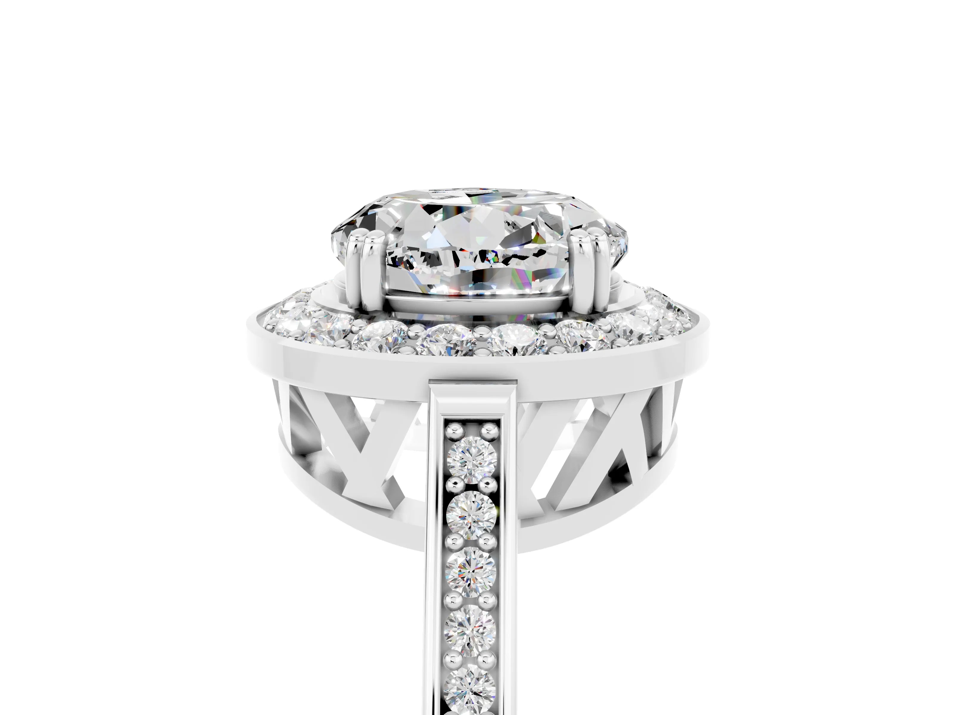 White gold Round Cut Moissanite Halo Ring with Split Shank and Four-Prong Setting_17