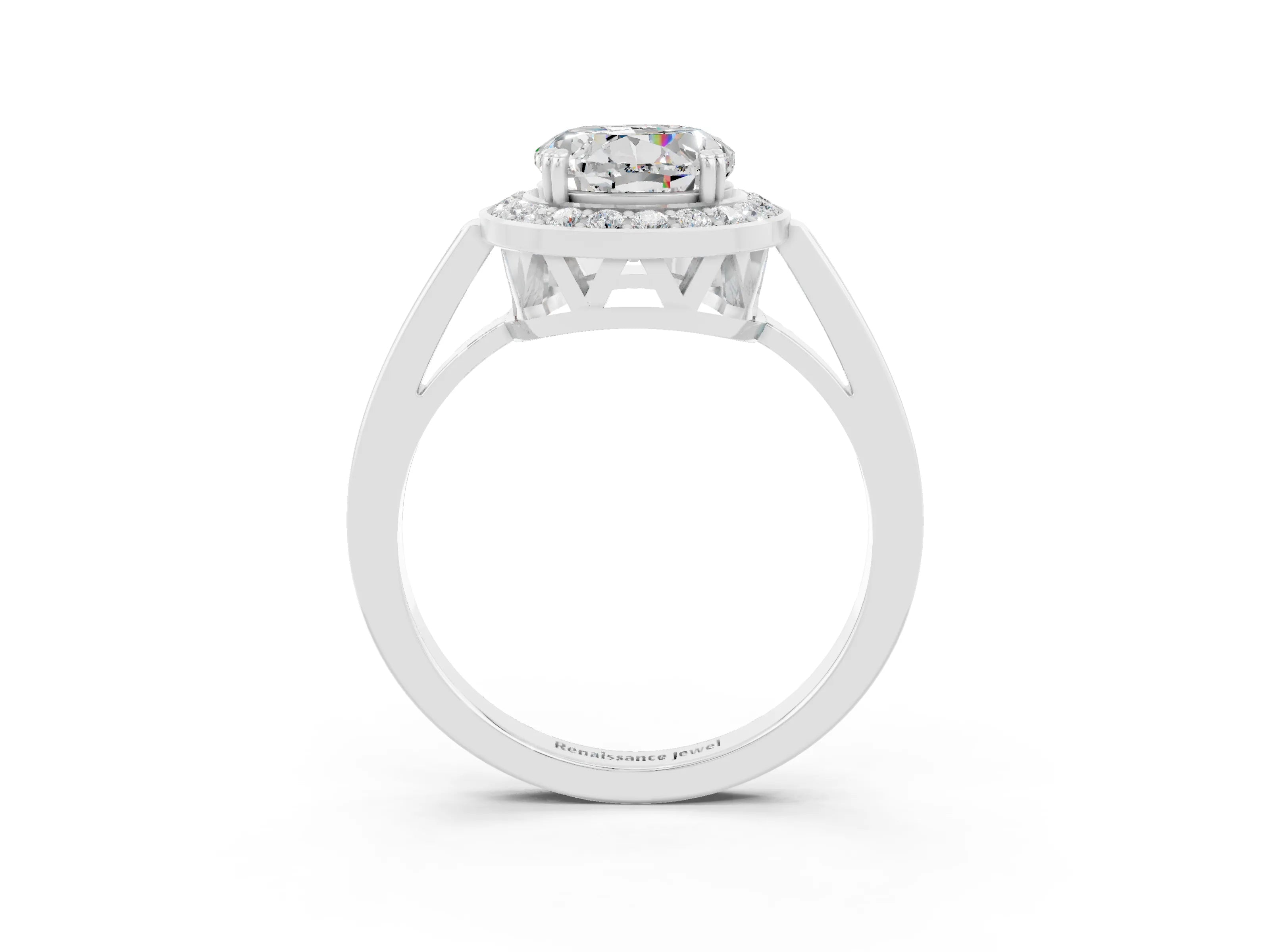 White gold Round Cut Moissanite Halo Ring with Split Shank and Four-Prong Setting_3
