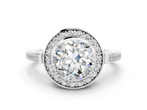 White gold Round Cut Moissanite Halo Ring with Split Shank and Four-Prong Setting