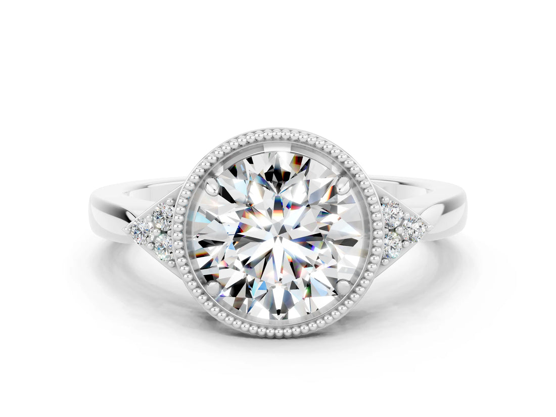 White gold Round Cut Moissanite Halo Ring with Tapered Band and Four-Prong Setting