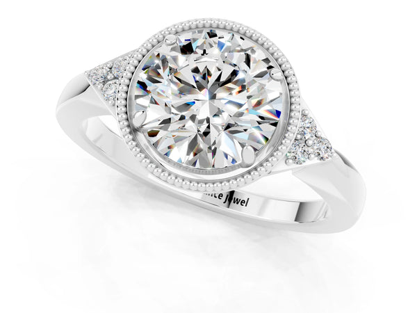 White gold Round Cut Moissanite Halo Ring with Tapered Band and Four-Prong Setting