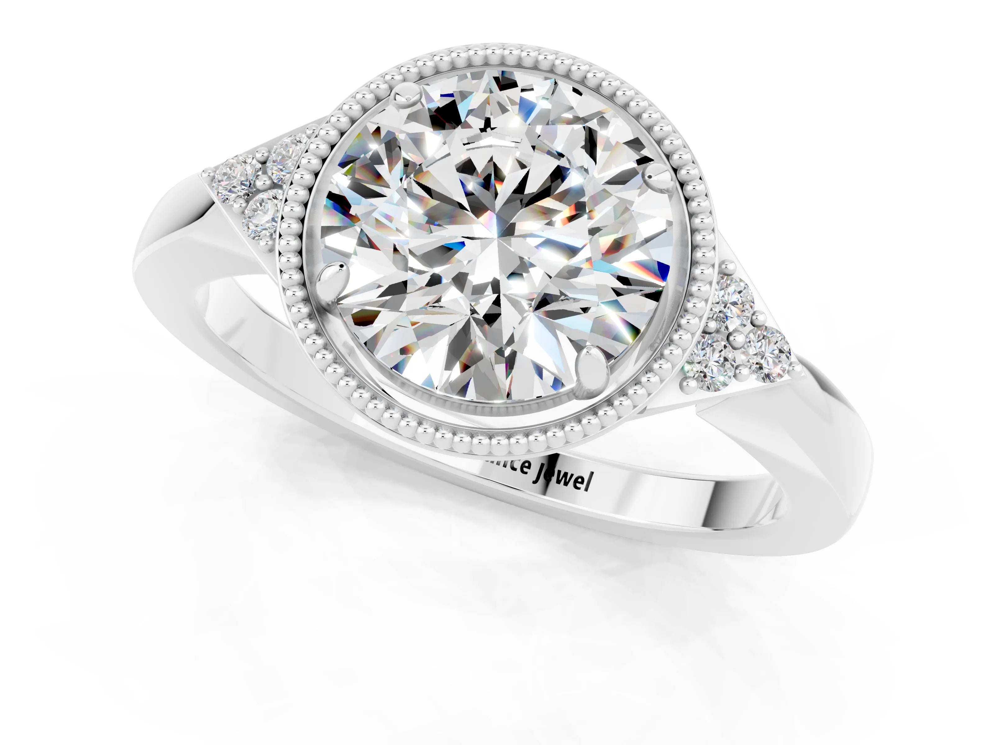 White gold Round Cut Moissanite Halo Ring with Tapered Band and Four-Prong Setting_1