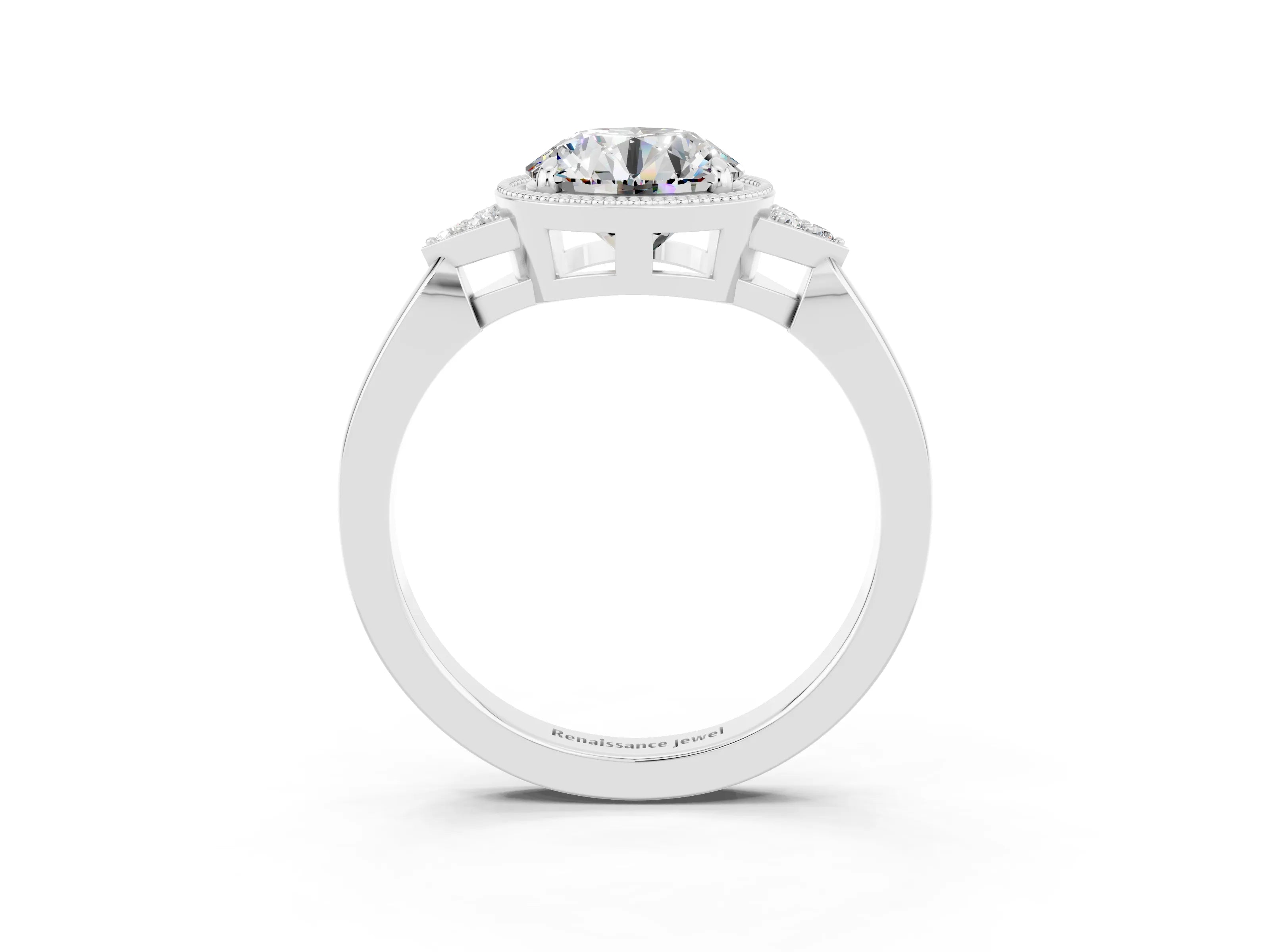 White gold Round Cut Moissanite Halo Ring with Tapered Band and Four-Prong Setting_3