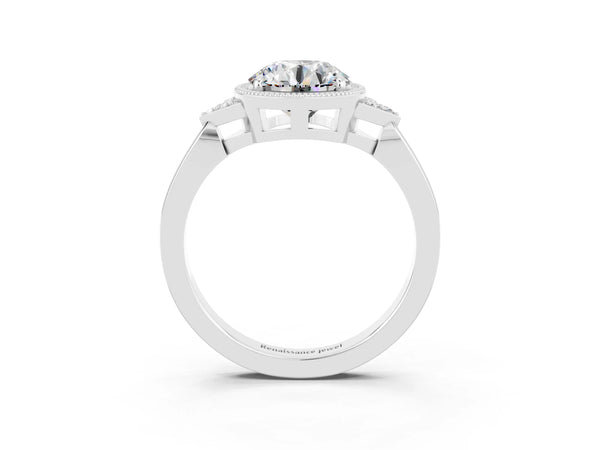 Silver Round Cut Moissanite Halo Ring with Tapered Band and Four-Prong Setting