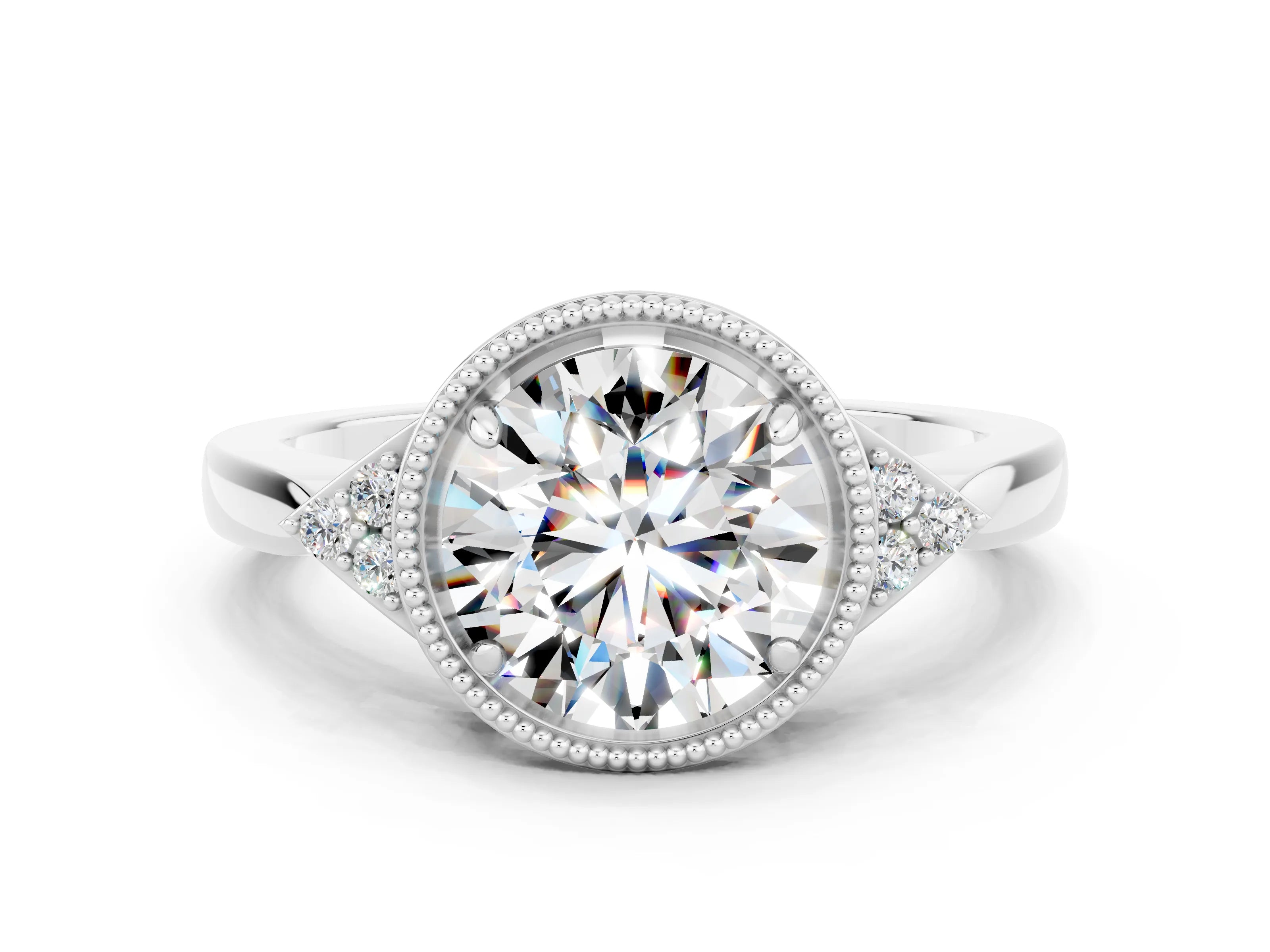 White gold Round Cut Moissanite Halo Ring with Tapered Band and Four-Prong Setting