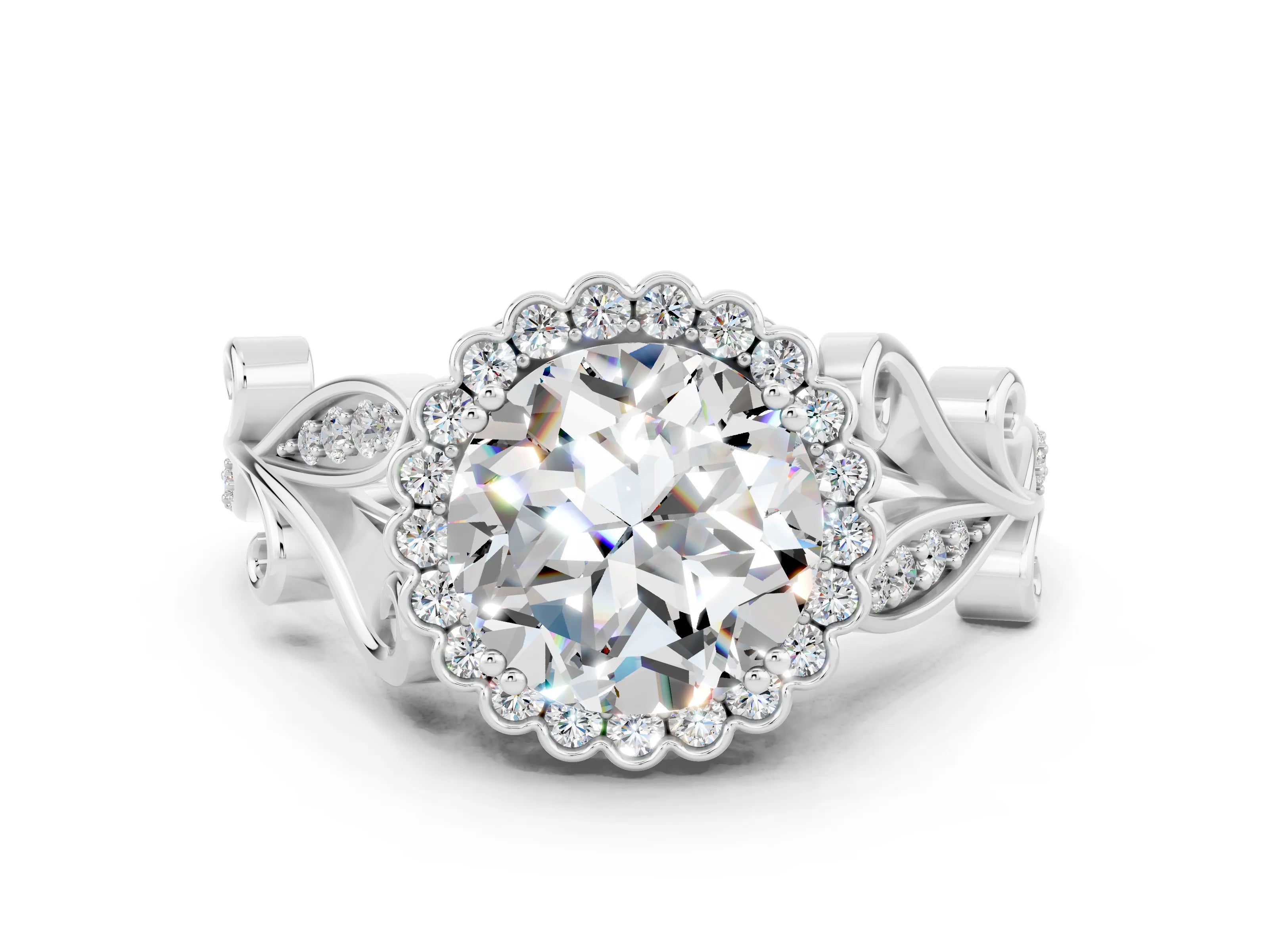 White gold Round Cut Moissanite Halo Ring with Vintage Split Shank and Four-Prong Setting_31