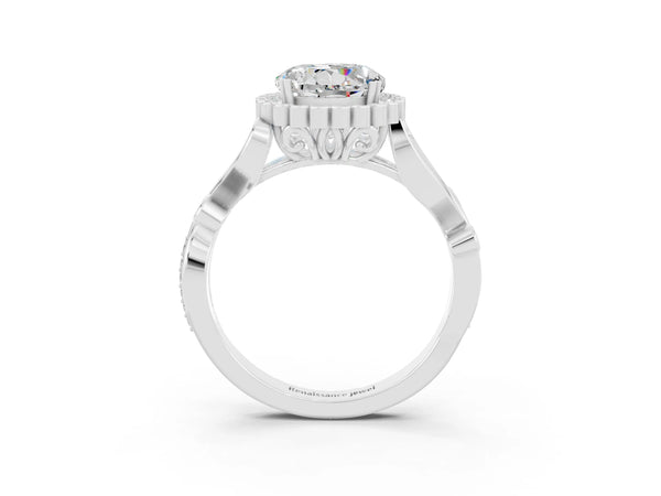 White gold Round Cut Moissanite Halo Ring with Vintage Split Shank and Four-Prong Setting