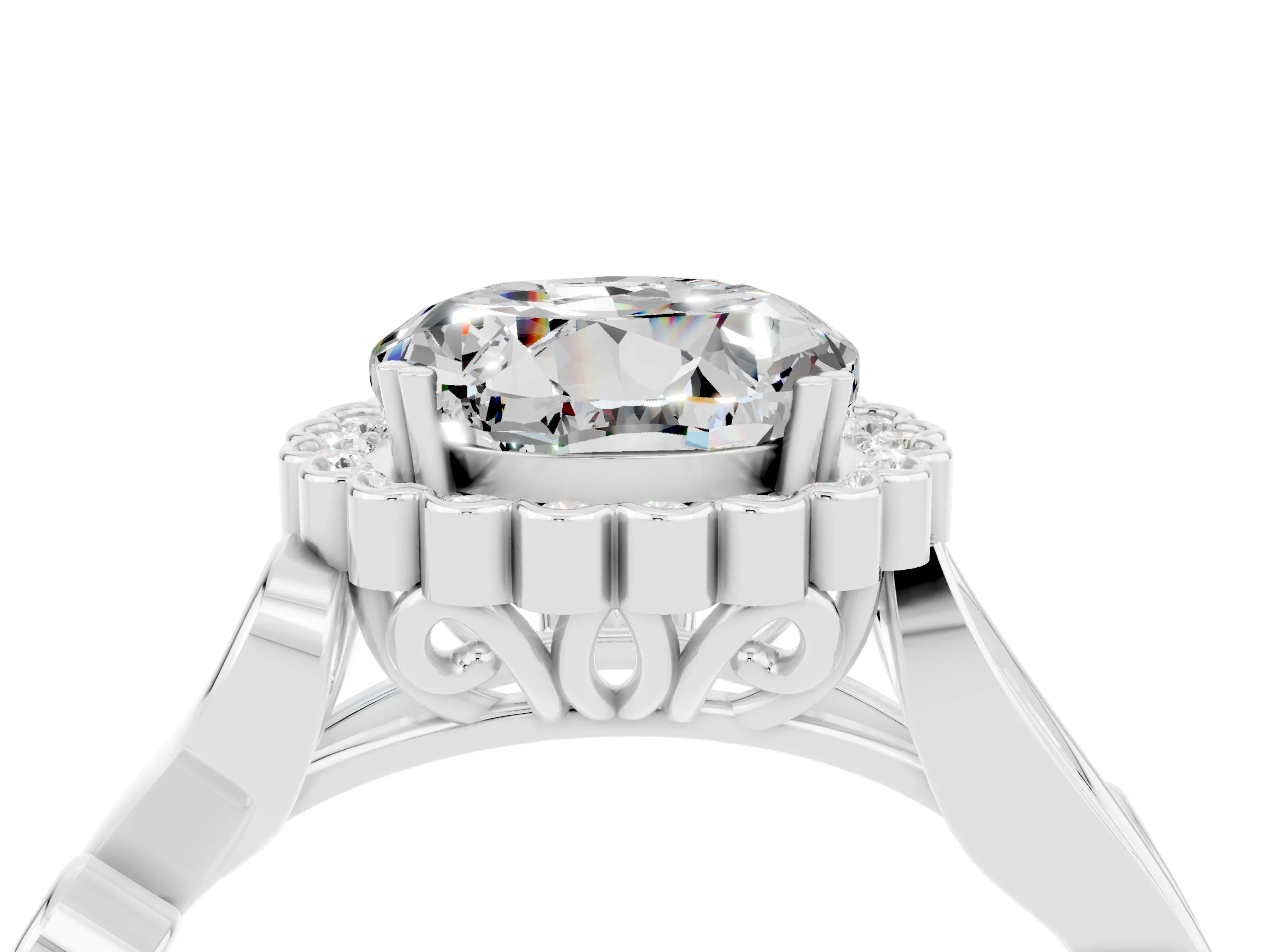 White gold Round Cut Moissanite Halo Ring with Vintage Split Shank and Four-Prong Setting_34