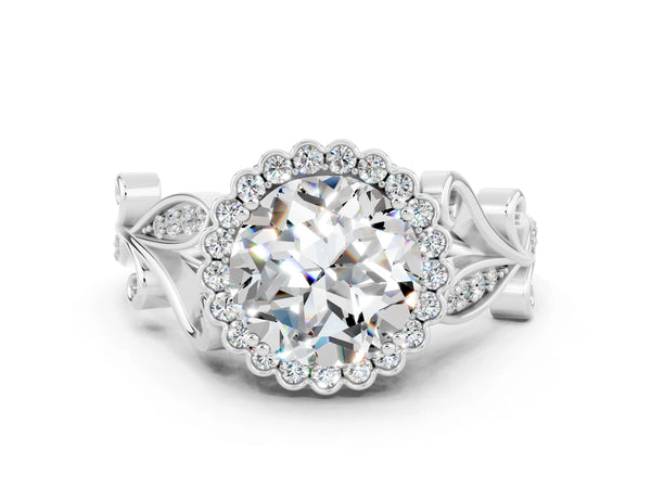 Platinum Round Cut Moissanite Halo Ring with Vintage Split Shank and Four-Prong Setting