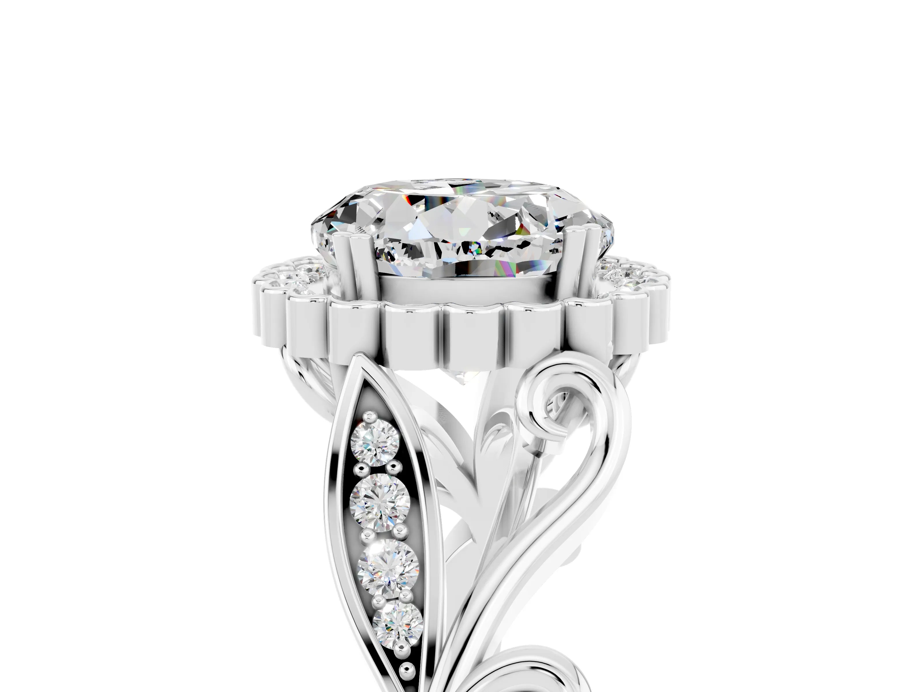 White gold Round Cut Moissanite Halo Ring with Vintage Split Shank and Four-Prong Setting_36