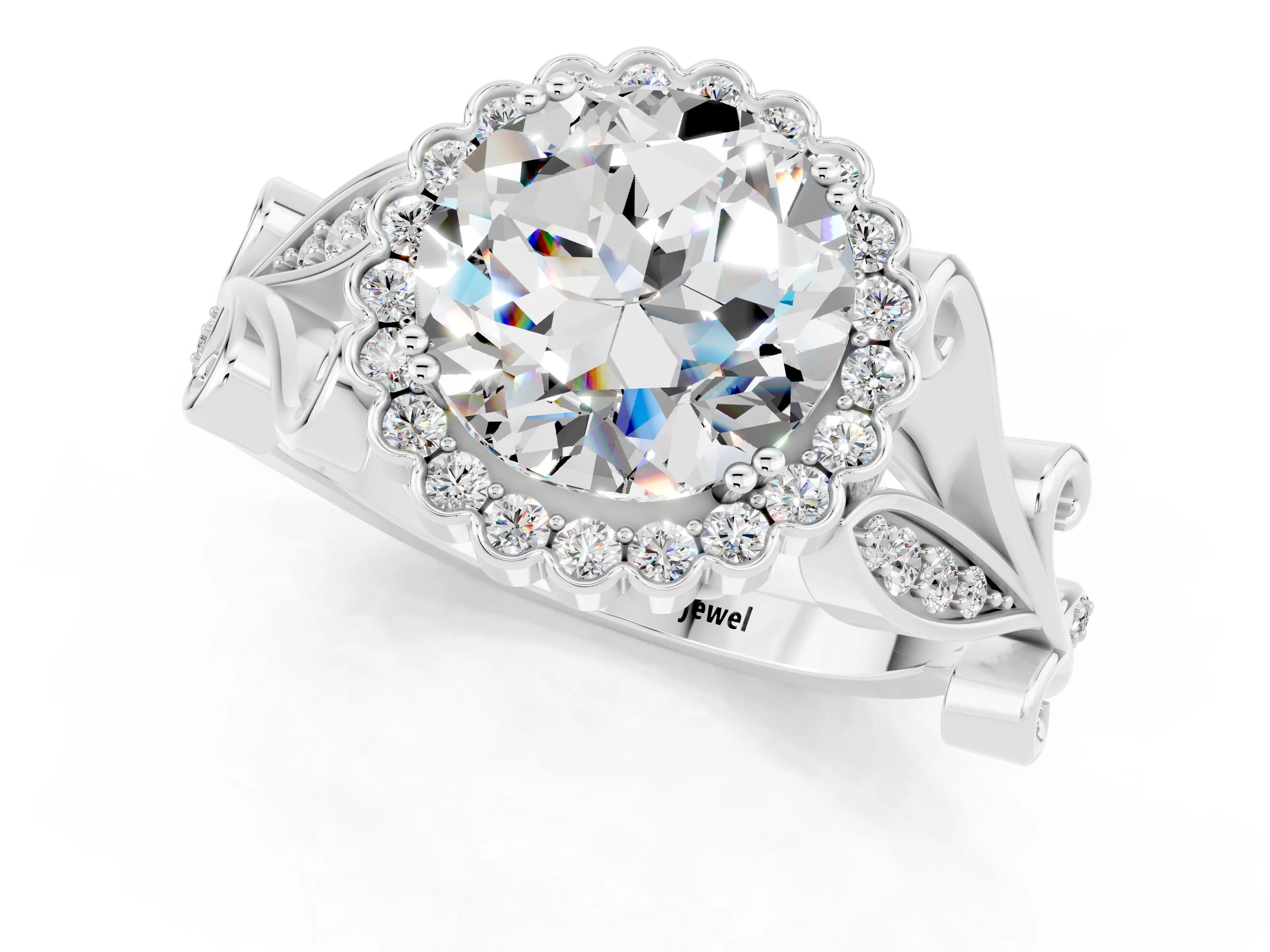 White gold Round Cut Moissanite Halo Ring with Vintage Split Shank and Four-Prong Setting_37