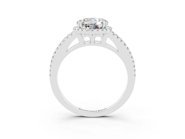 Silver Round Cut Moissanite Halo Split Shank Engagement Ring