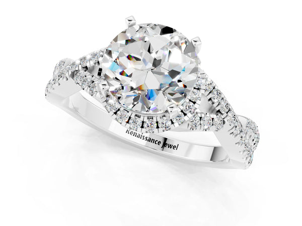 Platinum Round Cut Moissanite  Halo Twist Band Solitaire Prong Setting Ring
