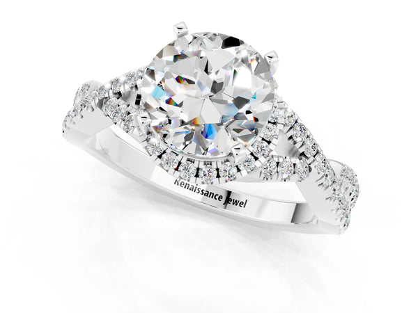 White gold Round Cut Moissanite  Halo Twist Band Solitaire Prong Setting Ring