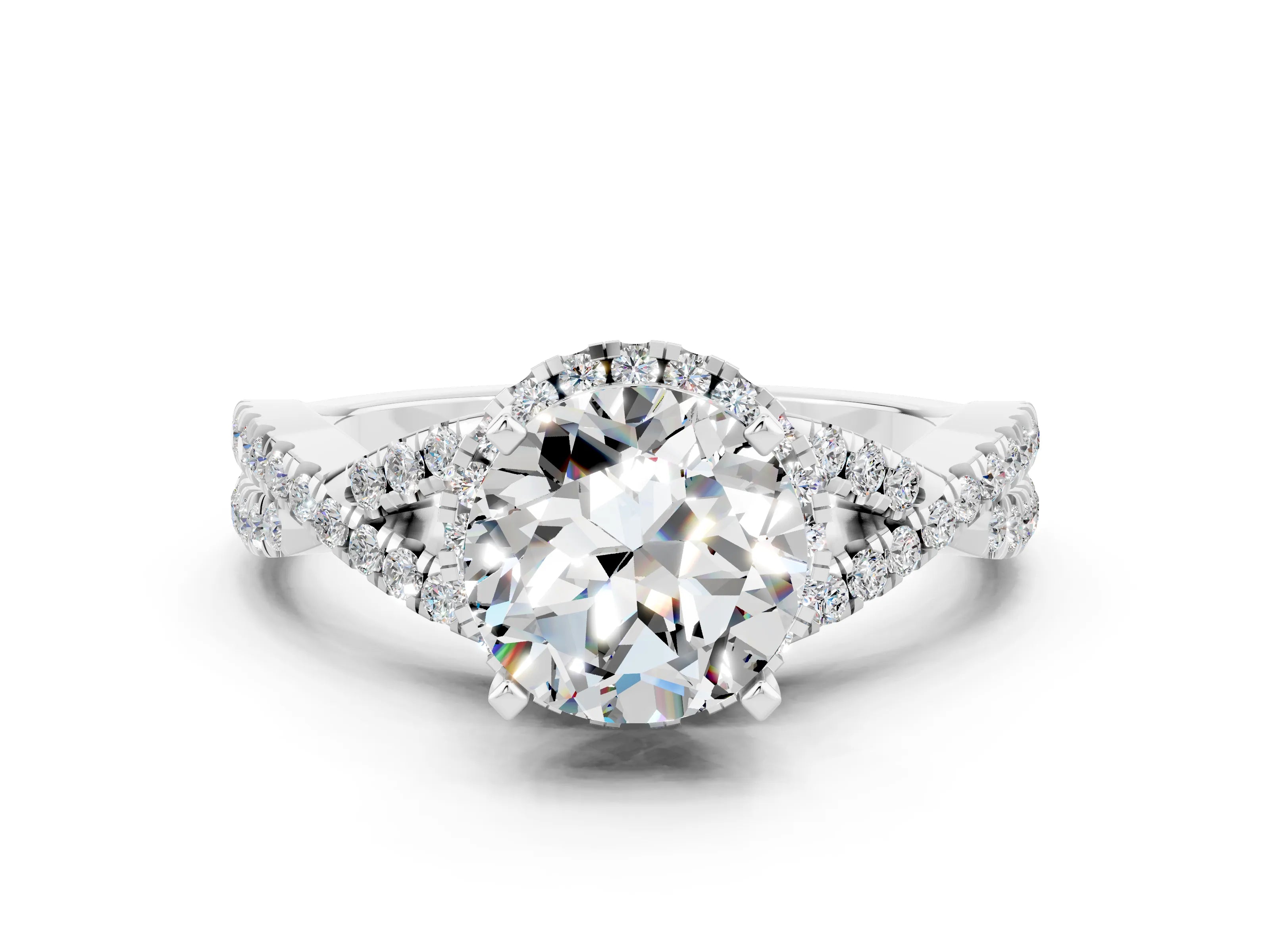 White gold Round Cut Moissanite Halo Twist Band Solitaire Prong Setting Ring