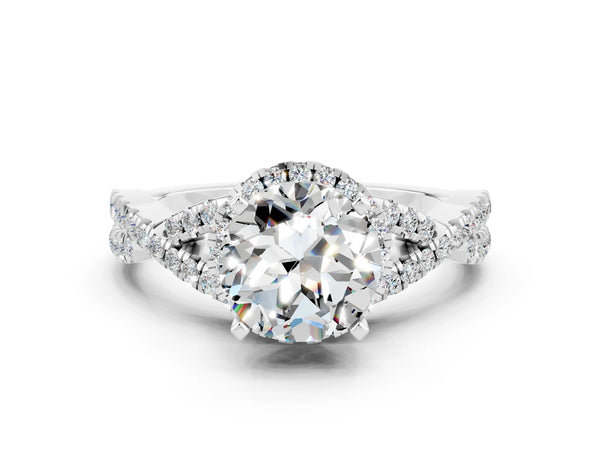 Silver Round Cut Moissanite  Halo Twist Band Solitaire Prong Setting Ring