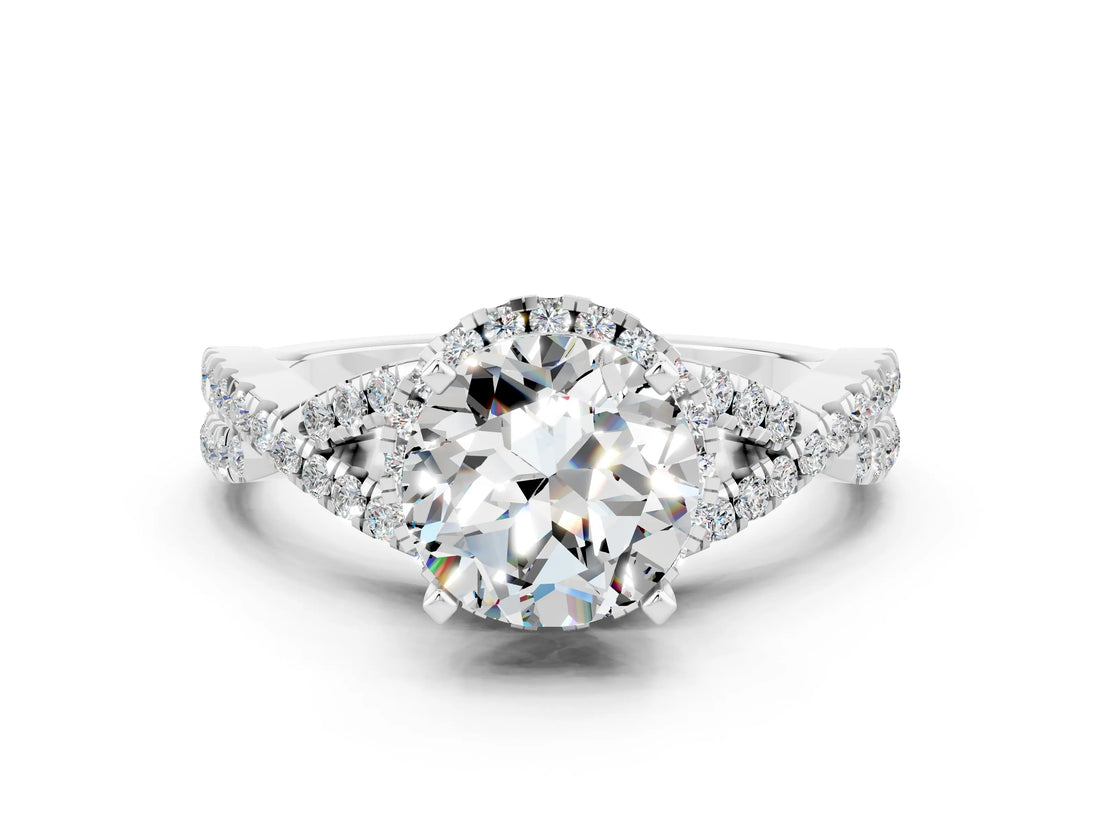 White gold Round Cut Moissanite Halo Twist Band Solitaire Prong Setting Ring