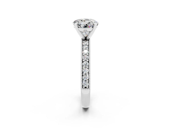Platinum Round Cut Moissanite Milgrain Pavé Engagement Ring with Four-Prong Setting