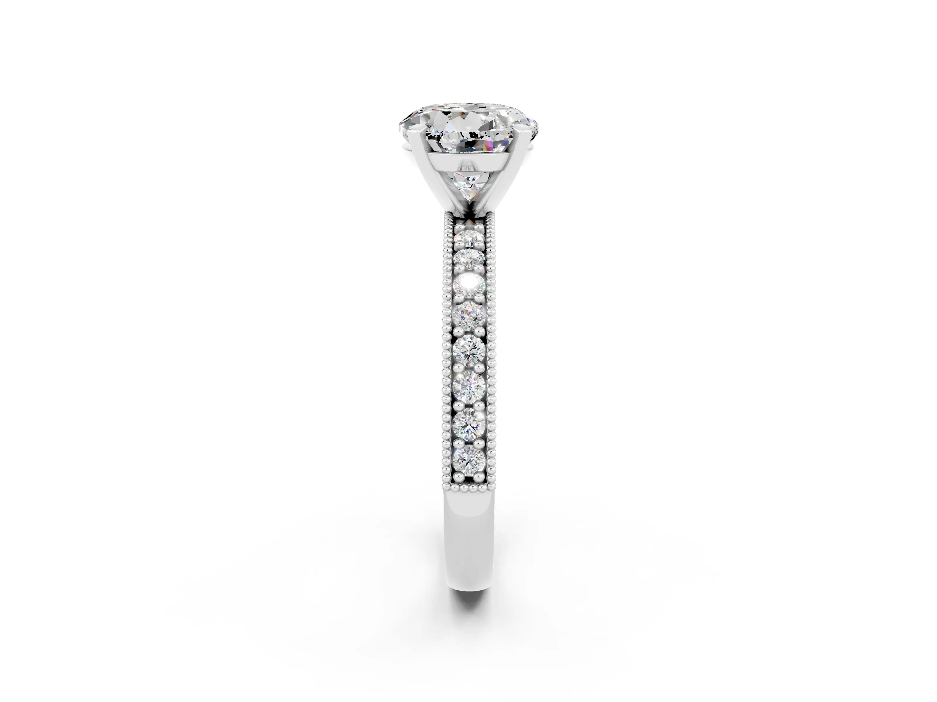 White gold Round Cut Moissanite Milgrain Pavé Engagement Ring with Four-Prong Setting_2