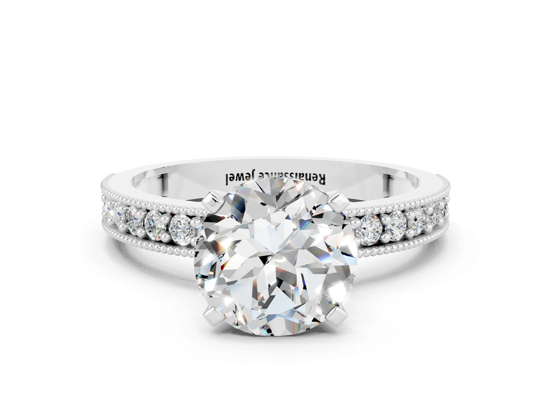 White gold Round Cut Moissanite Milgrain Pavé Engagement Ring with Four-Prong Setting