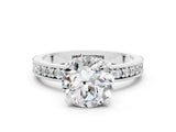 White gold Round Cut Moissanite Milgrain Pavé Engagement Ring with Four-Prong Setting