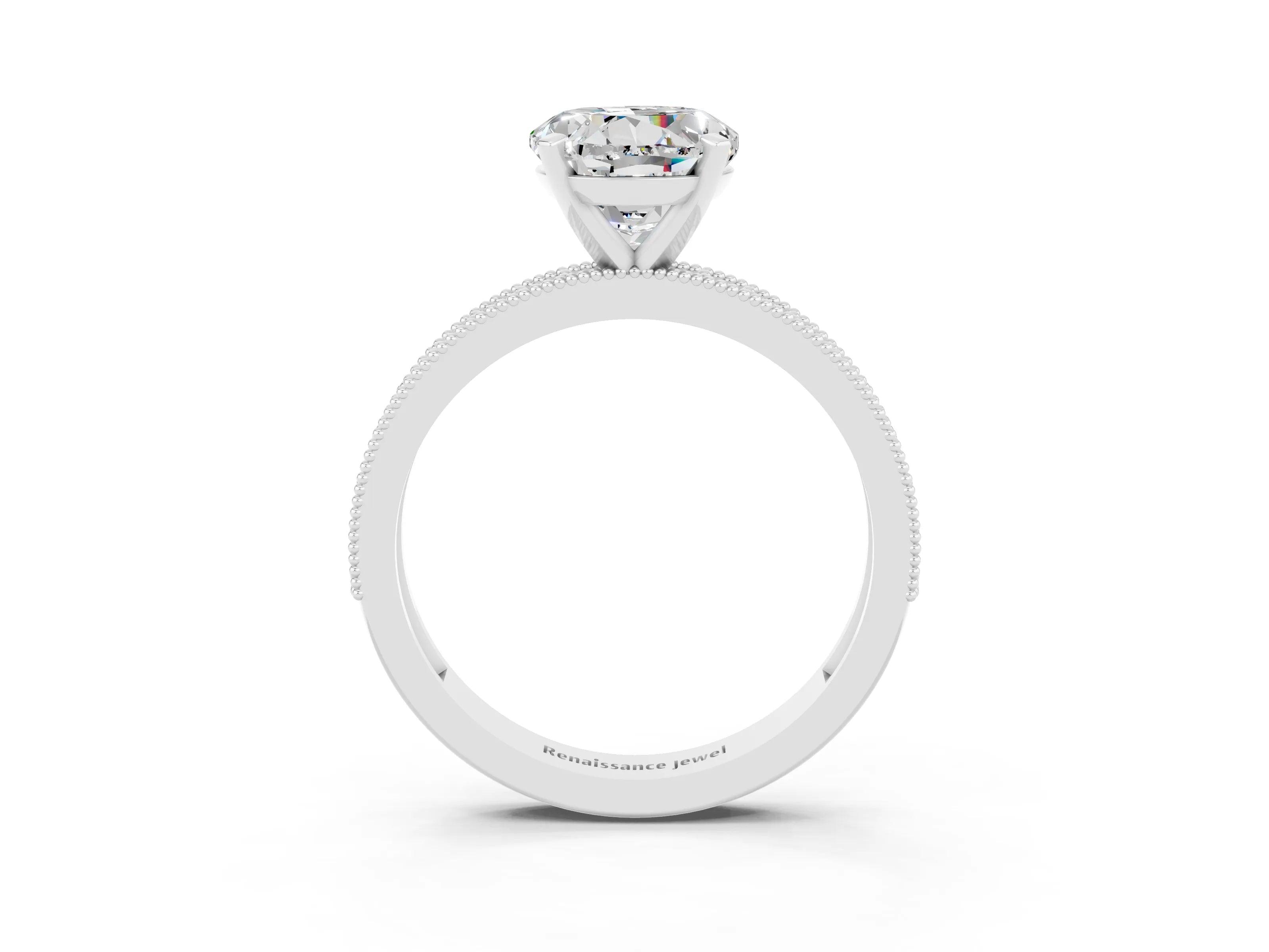 White gold Round Cut Moissanite Milgrain Pavé Engagement Ring with Four-Prong Setting_3