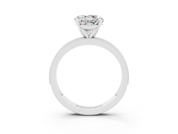 Silver Round Cut Moissanite Milgrain Pavé Engagement Ring with Four-Prong Setting