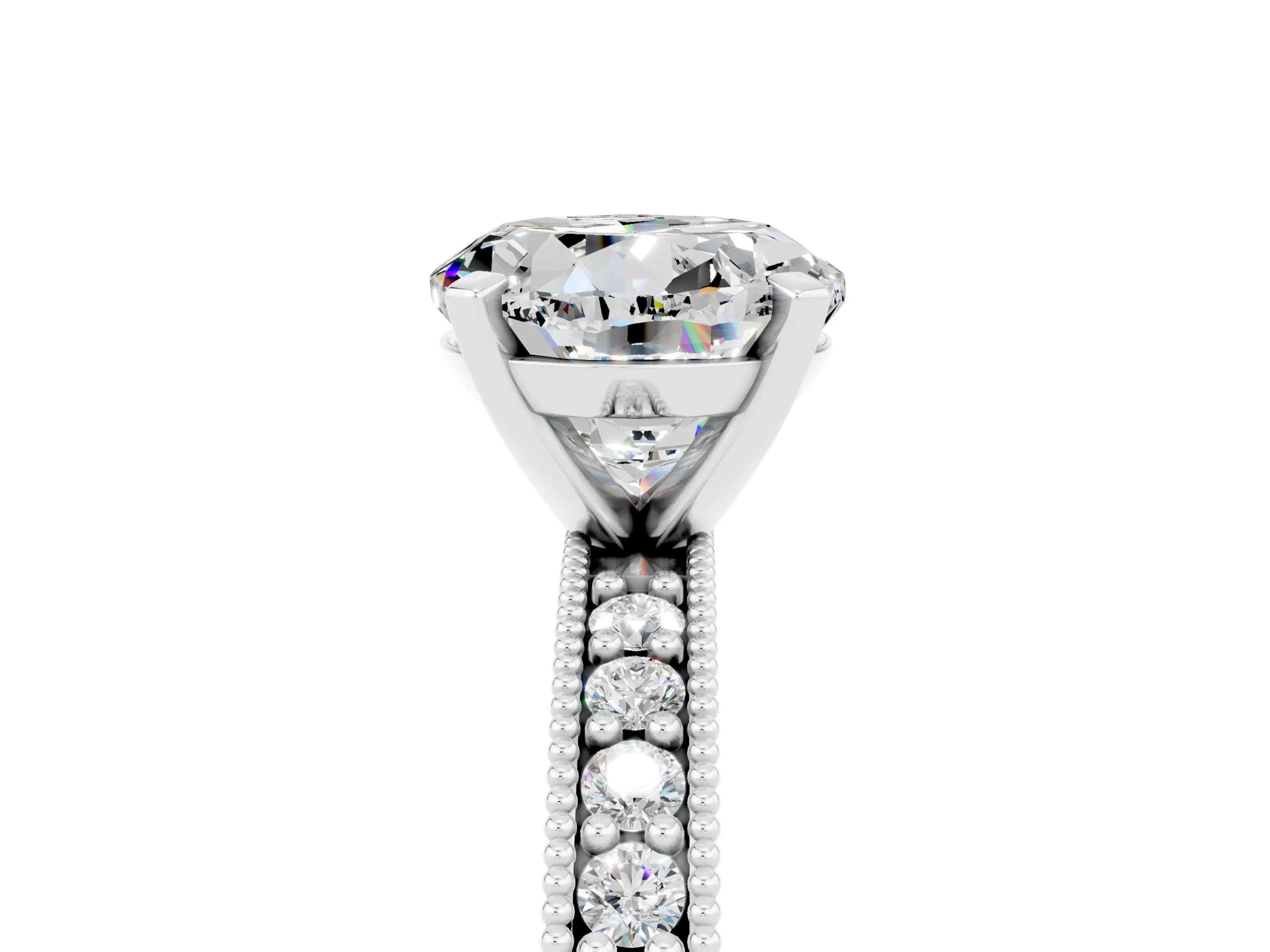 White gold Round Cut Moissanite Milgrain Pavé Engagement Ring with Four-Prong Setting_5
