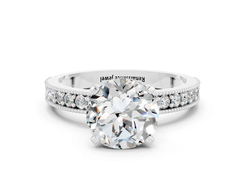 White gold Round Cut Moissanite Milgrain Pavé Engagement Ring with Four-Prong Setting