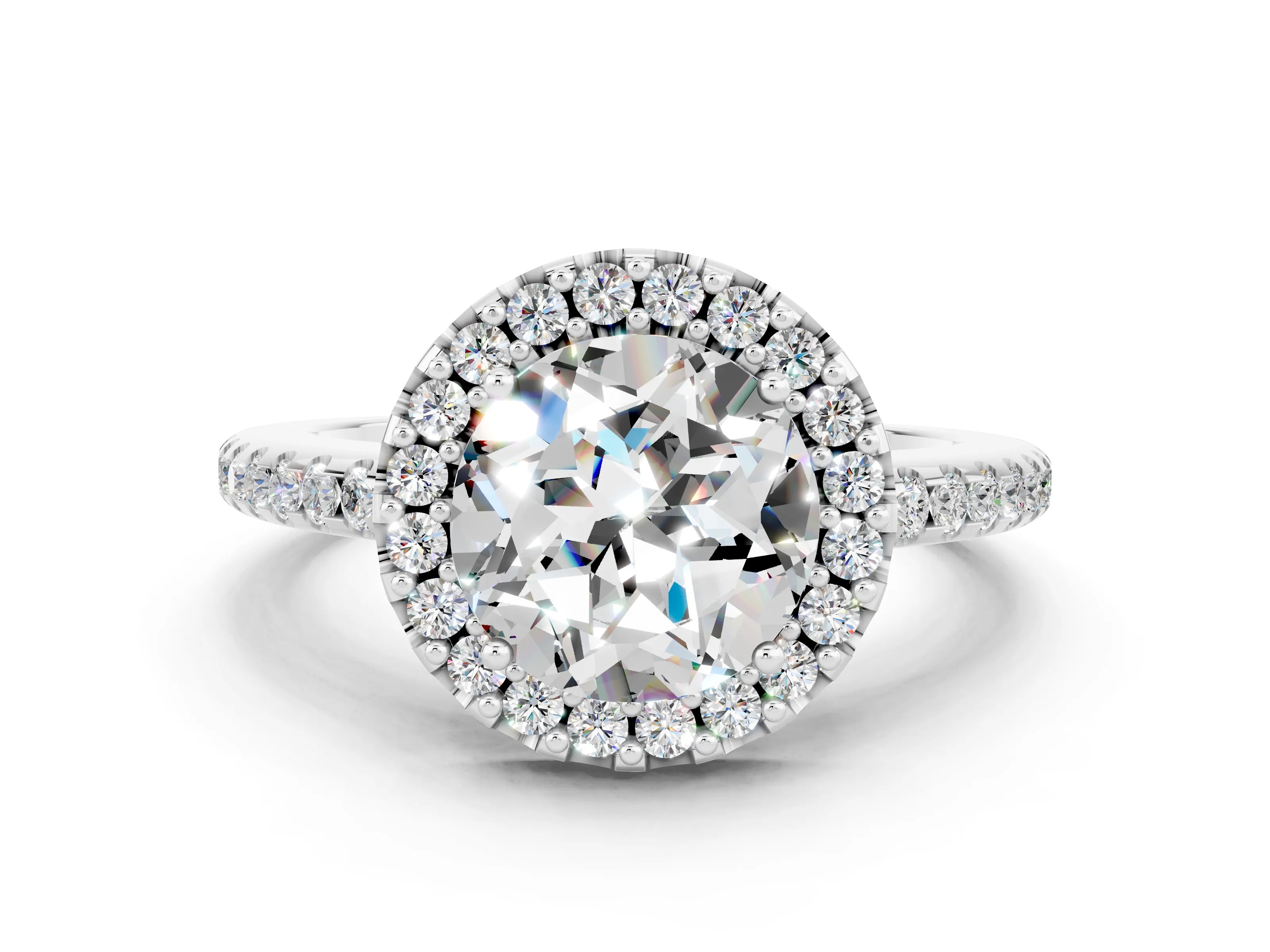 White gold Round Cut Moissanite Pavé Halo Ring with Four-Prong Setting_12